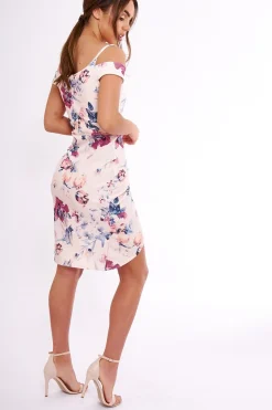 Rebellious Fashion Blush Floral Cold Shoulder Wrap Midi Dress - Karoline