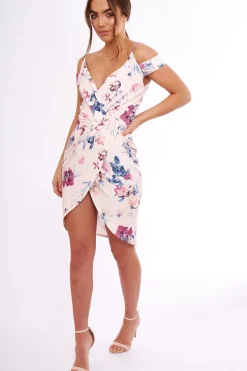 Rebellious Fashion Blush Floral Cold Shoulder Wrap Midi Dress - Karoline