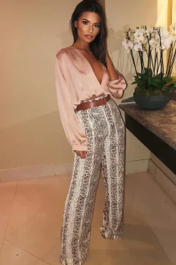 Rebellious Fashion Blush Chiffon Plunge Blouson Sleeve Bodysuit - Liah