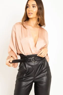 Rebellious Fashion Blush Chiffon Plunge Blouson Sleeve Bodysuit - Liah