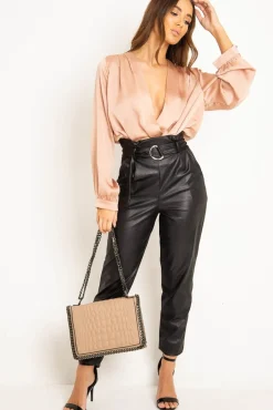 Rebellious Fashion Blush Chiffon Plunge Blouson Sleeve Bodysuit - Liah