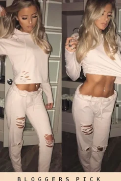 Rebellious Fashion Blush Distressed Hoodie Tracksuit - Mollie