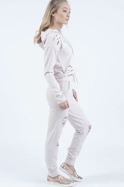 Rebellious Fashion Blush Distressed Hoodie Tracksuit - Mollie