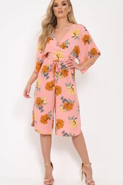 Rebellious Fashion Blush Floral Kimono Sleeve Culotte Jumpsuit - Alyia