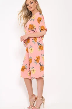 Rebellious Fashion Blush Floral Kimono Sleeve Culotte Jumpsuit - Alyia