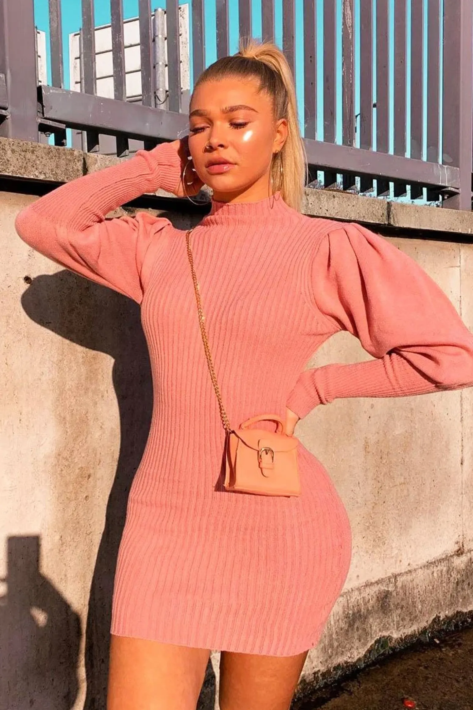 Rebellious Fashion Blush High Neck Balloon Sleeve Knitted Dress - Ginna