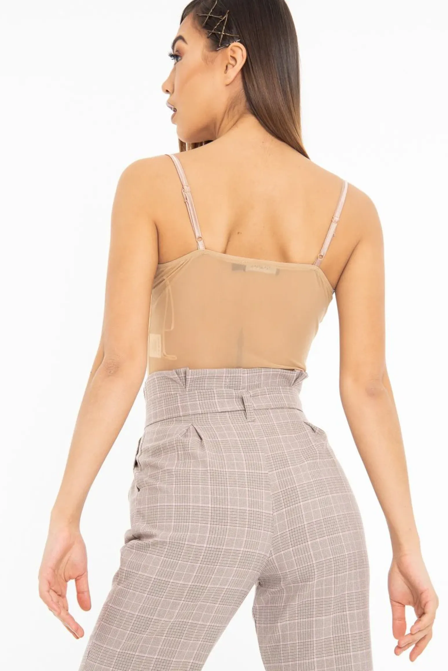 Rebellious Fashion Blush Mesh Satin Cup Stripe Detail Bodysuit - Valencia