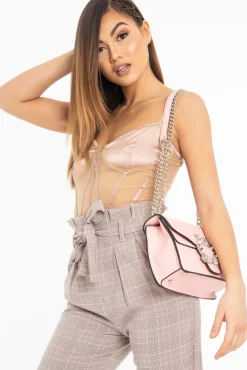 Rebellious Fashion Blush Mesh Satin Cup Stripe Detail Bodysuit - Valencia
