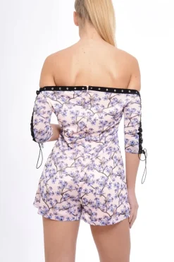 Rebellious Fashion Blush Oriental Print Eyelet Lace Up Playsuit - Suzannah