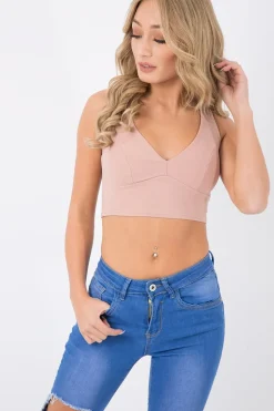 Rebellious Fashion Blush Plunge Sleeveless Crop Top - Tilla
