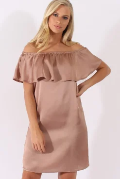 Rebellious Fashion Blush Satin Bardot Frill Dress - Alura