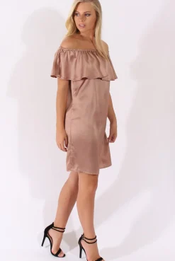 Rebellious Fashion Blush Satin Bardot Frill Dress - Alura