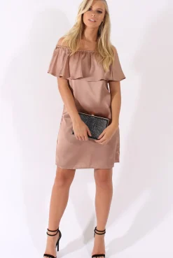 Rebellious Fashion Blush Satin Bardot Frill Dress - Alura