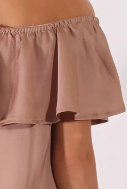 Rebellious Fashion Blush Satin Bardot Frill Dress - Alura