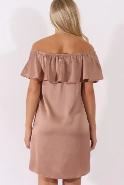 Rebellious Fashion Blush Satin Bardot Frill Dress - Alura