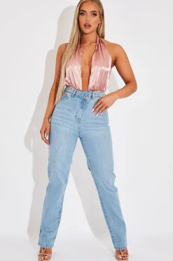 Rebellious Fashion Blush Satin Plunge Halter Bodysuit - Aleesia