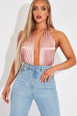 Rebellious Fashion Blush Satin Plunge Halter Bodysuit - Aleesia