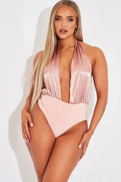 Rebellious Fashion Blush Satin Plunge Halter Bodysuit - Aleesia