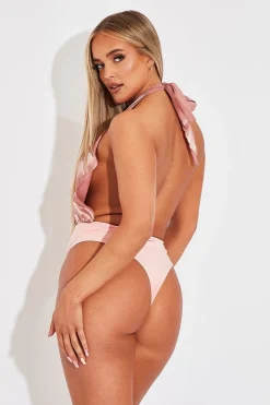 Rebellious Fashion Blush Satin Plunge Halter Bodysuit - Aleesia