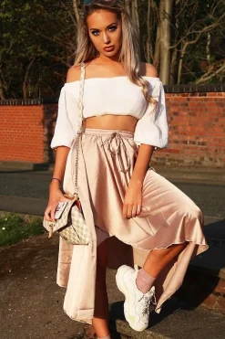 Rebellious Fashion Blush Satin Wrap Drawstring Waist Midi Skirt - Scarlett