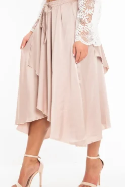 Rebellious Fashion Blush Satin Wrap Drawstring Waist Midi Skirt - Scarlett