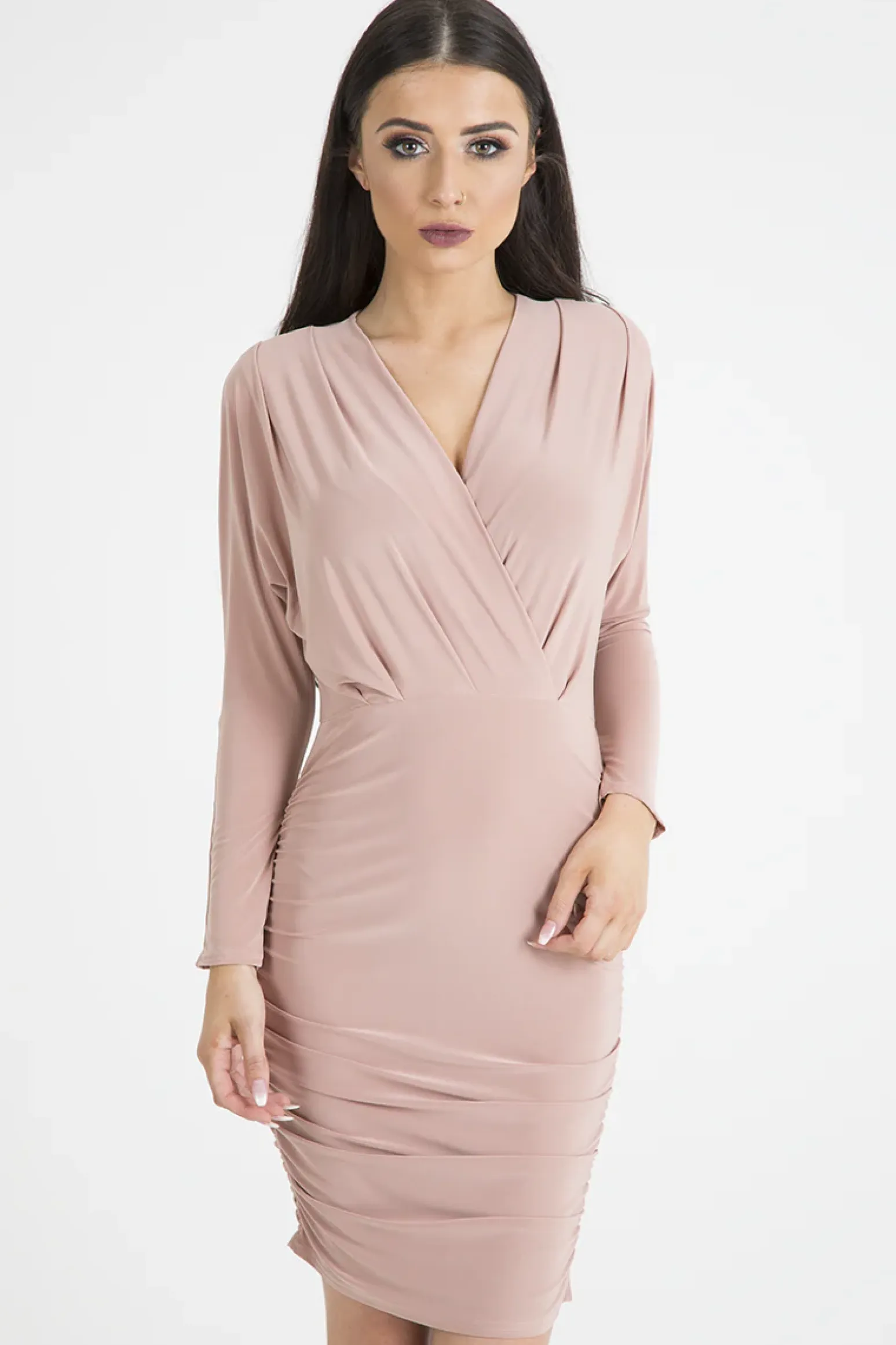 Rebellious Fashion Blush Slinky Side Ruched Dress - Avery
