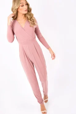 Rebellious Fashion Blush Wrap Front Long Sleeved Slinky Jumpsuit - Kendal