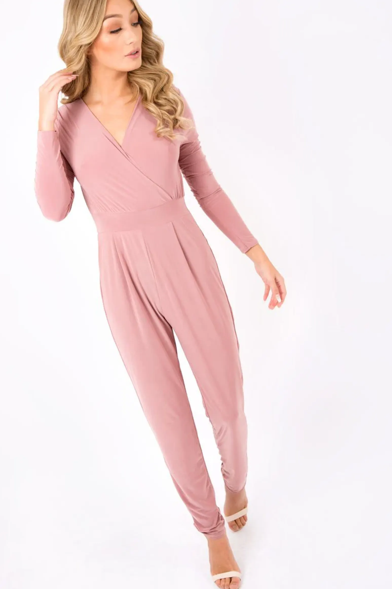 Rebellious Fashion Blush Wrap Front Long Sleeved Slinky Jumpsuit - Kendal