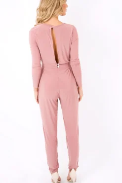 Rebellious Fashion Blush Wrap Front Long Sleeved Slinky Jumpsuit - Kendal