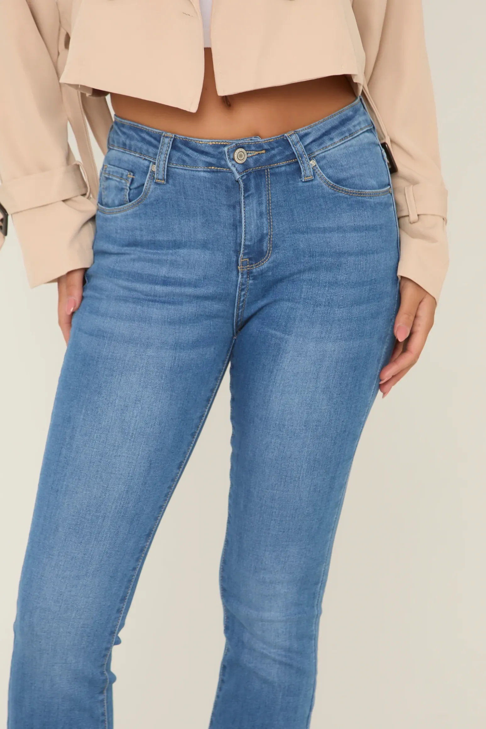 Rebellious Fashion Bright Blue Stretch Mid Waist Kick Flare Denim Jeans - Aspen