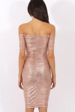 Rebellious Fashion Bronze Metallic Pleated Bardot V Front Midi Dress - Lucia