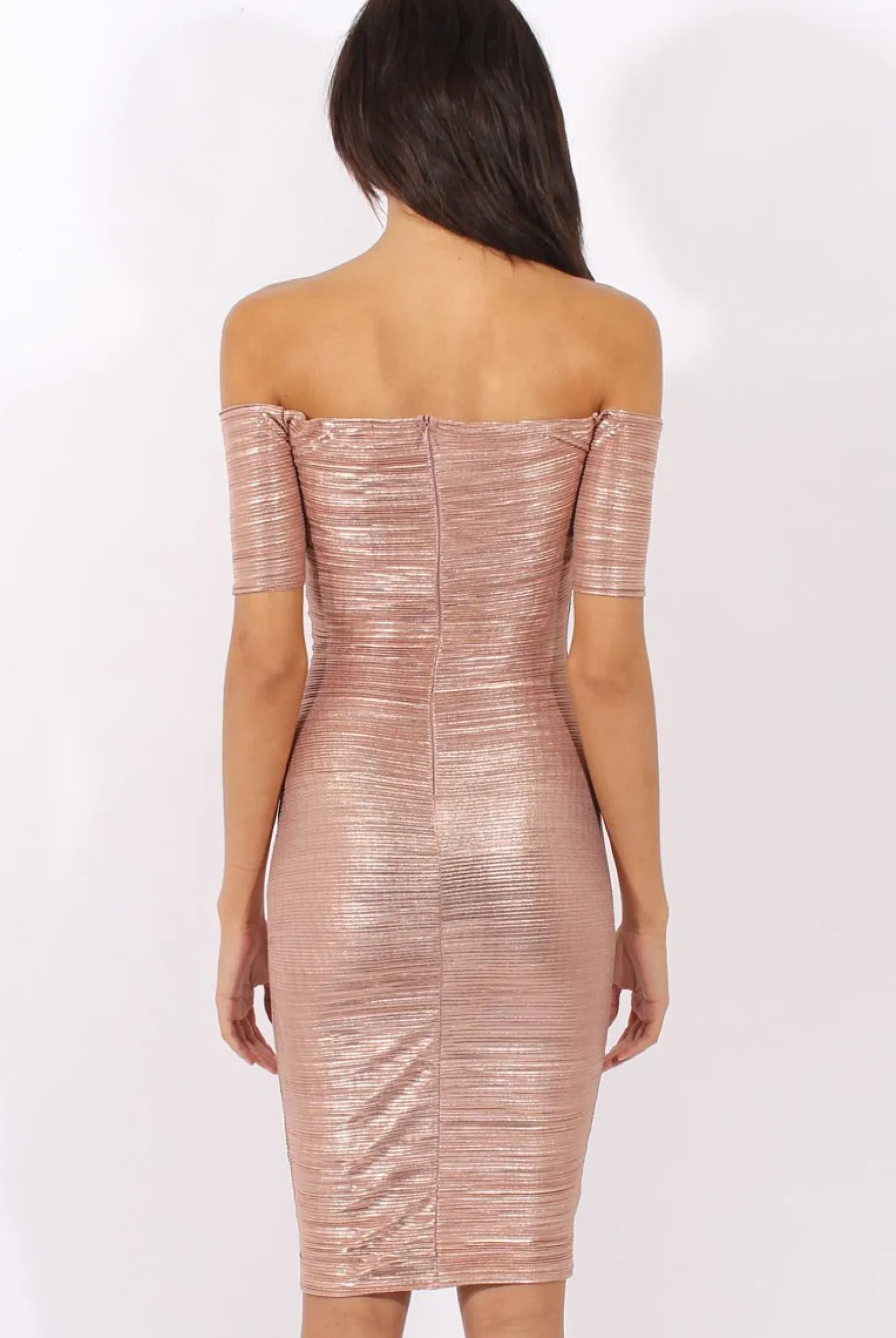 Rebellious Fashion Bronze Metallic Pleated Bardot V Front Midi Dress - Lucia