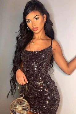 Rebellious Fashion Bronze Disco Sequin Cowl Neck Mini Bodycon Dress - Jisela