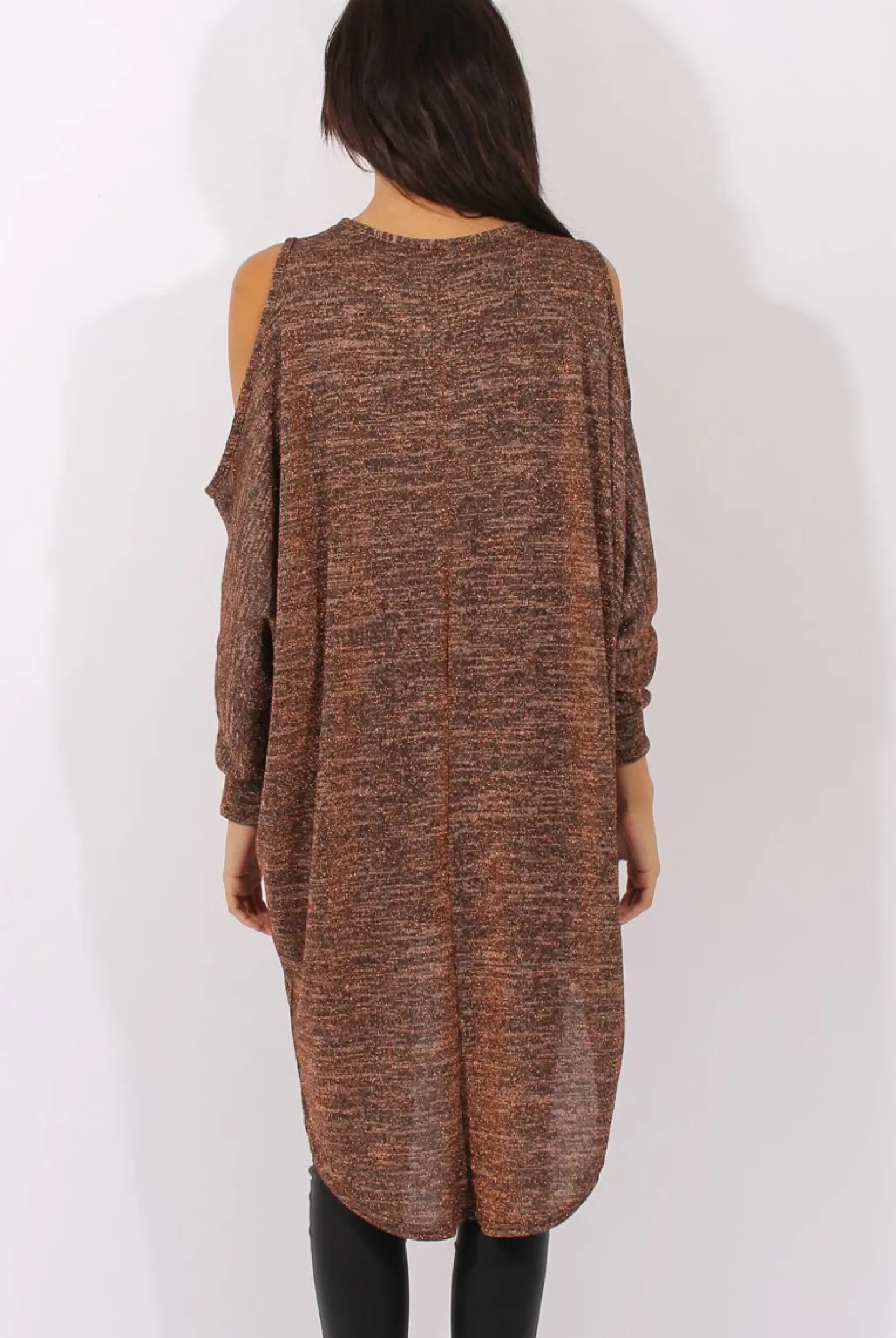 Rebellious Fashion Bronze Metallic Cold Shoulder Dipped Hem Sweater - Rosi