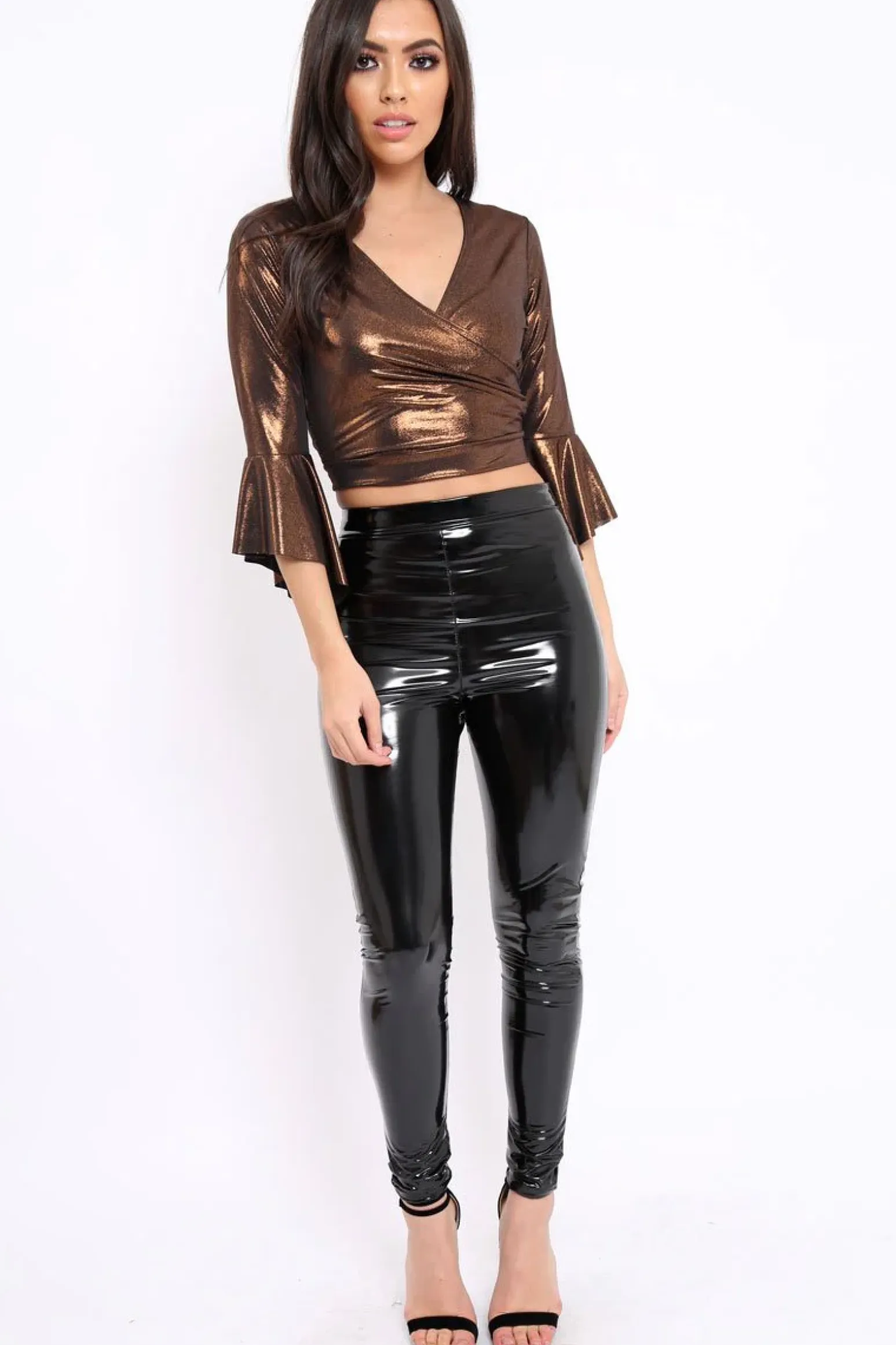 Rebellious Fashion Bronze Metallic Plunge Bell Sleeve Crop Top - Merla