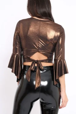 Rebellious Fashion Bronze Metallic Plunge Bell Sleeve Crop Top - Merla