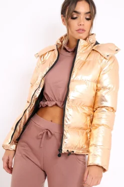 Rebellious Fashion Bronze Metallic Puffer Jacket - Rochelle