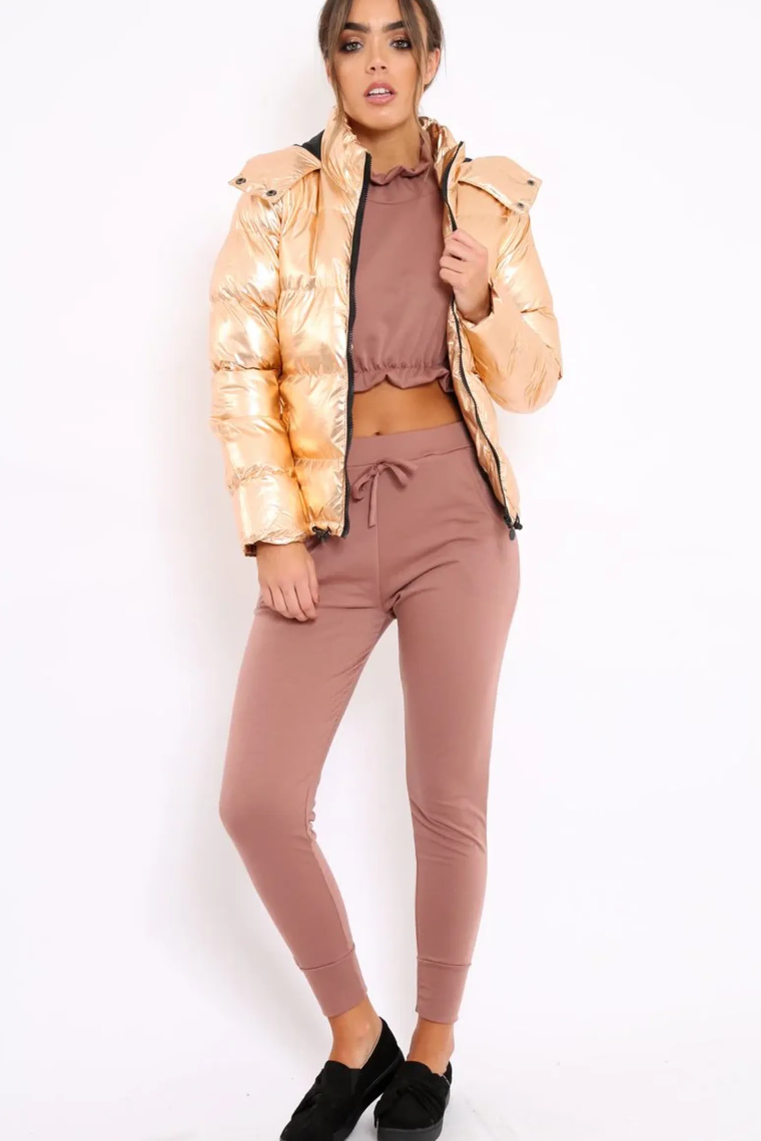 Rebellious Fashion Bronze Metallic Puffer Jacket - Rochelle