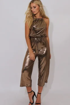 Rebellious Fashion Bronze Metallic Wide Leg Jumpsuit - Evania