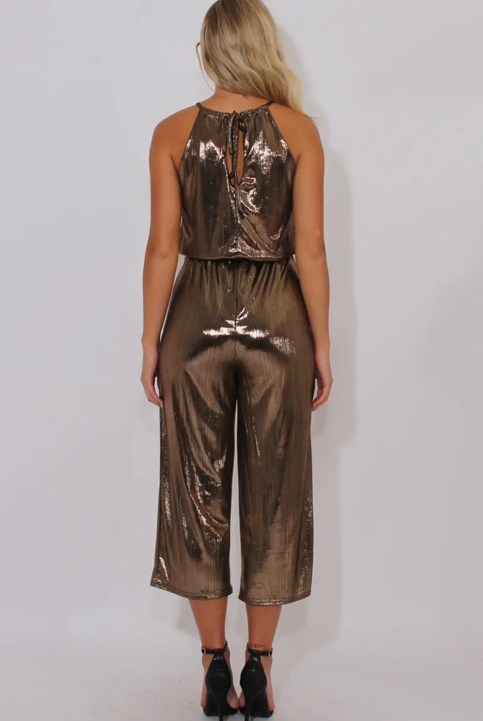 Rebellious Fashion Bronze Metallic Wide Leg Jumpsuit - Evania