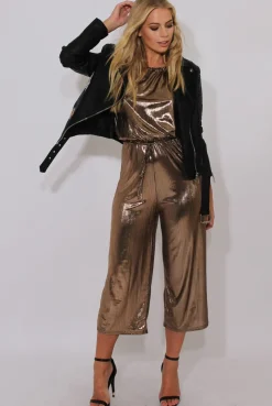 Rebellious Fashion Bronze Metallic Wide Leg Jumpsuit - Evania