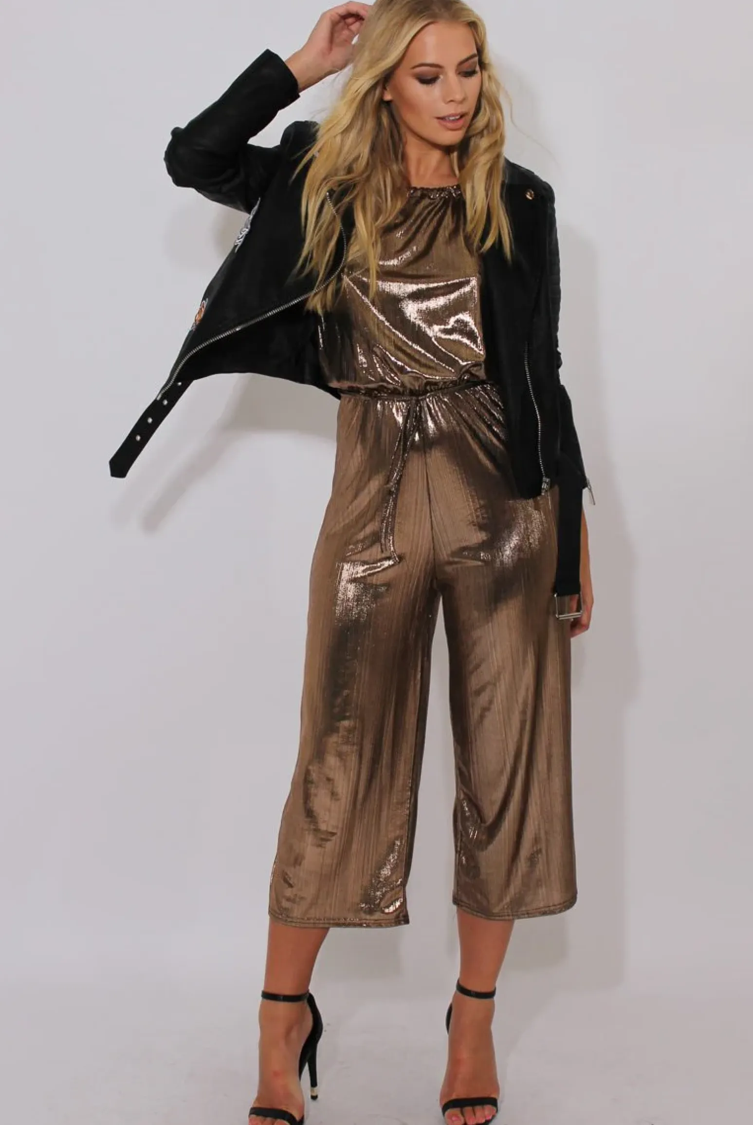 Rebellious Fashion Bronze Metallic Wide Leg Jumpsuit - Evania