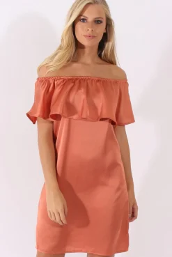Rebellious Fashion Bronze Satin Bardot Frill Dress - Alura