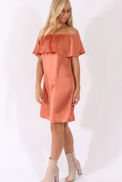 Rebellious Fashion Bronze Satin Bardot Frill Dress - Alura