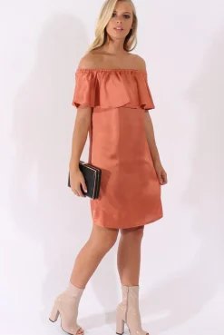 Rebellious Fashion Bronze Satin Bardot Frill Dress - Alura