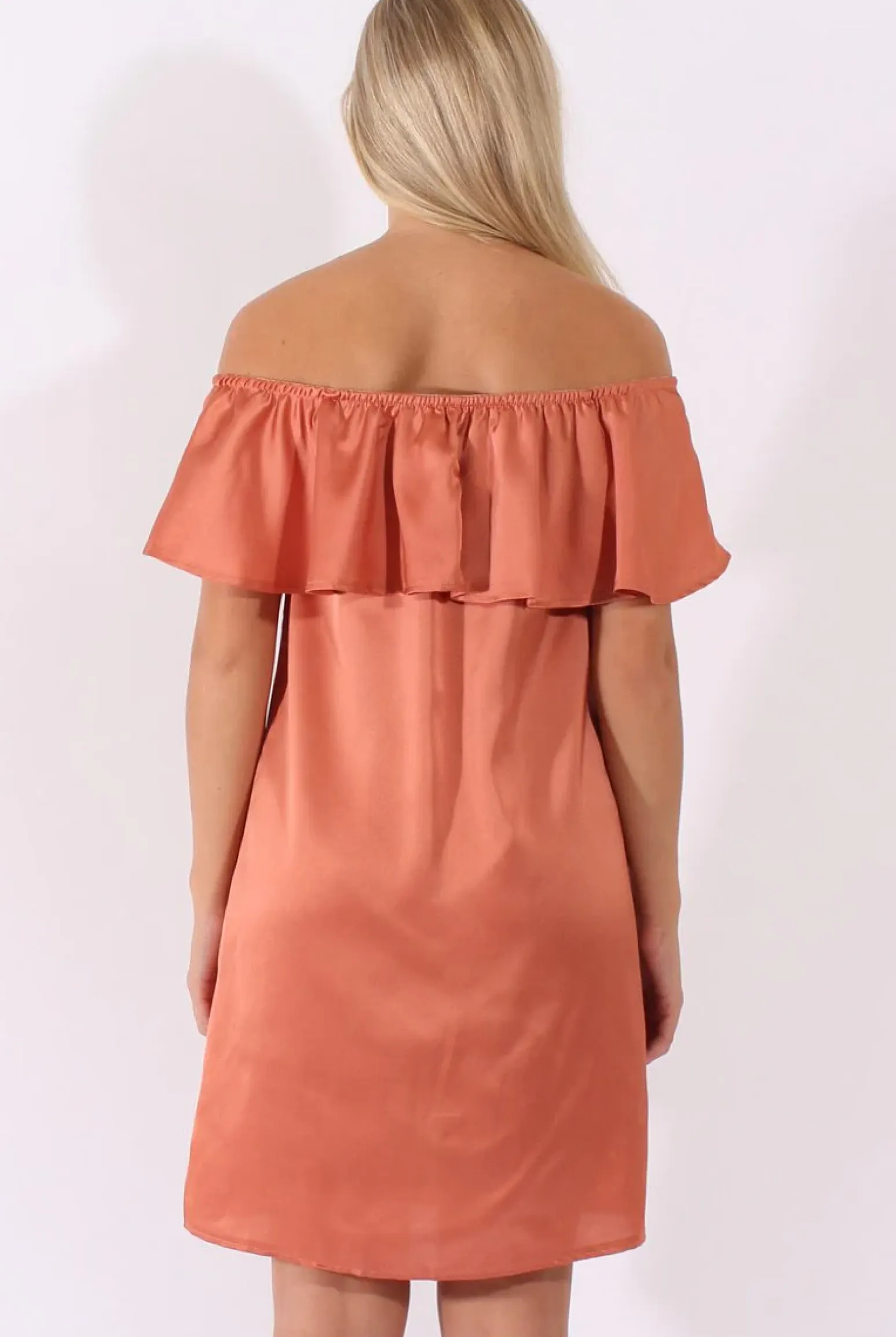 Rebellious Fashion Bronze Satin Bardot Frill Dress - Alura