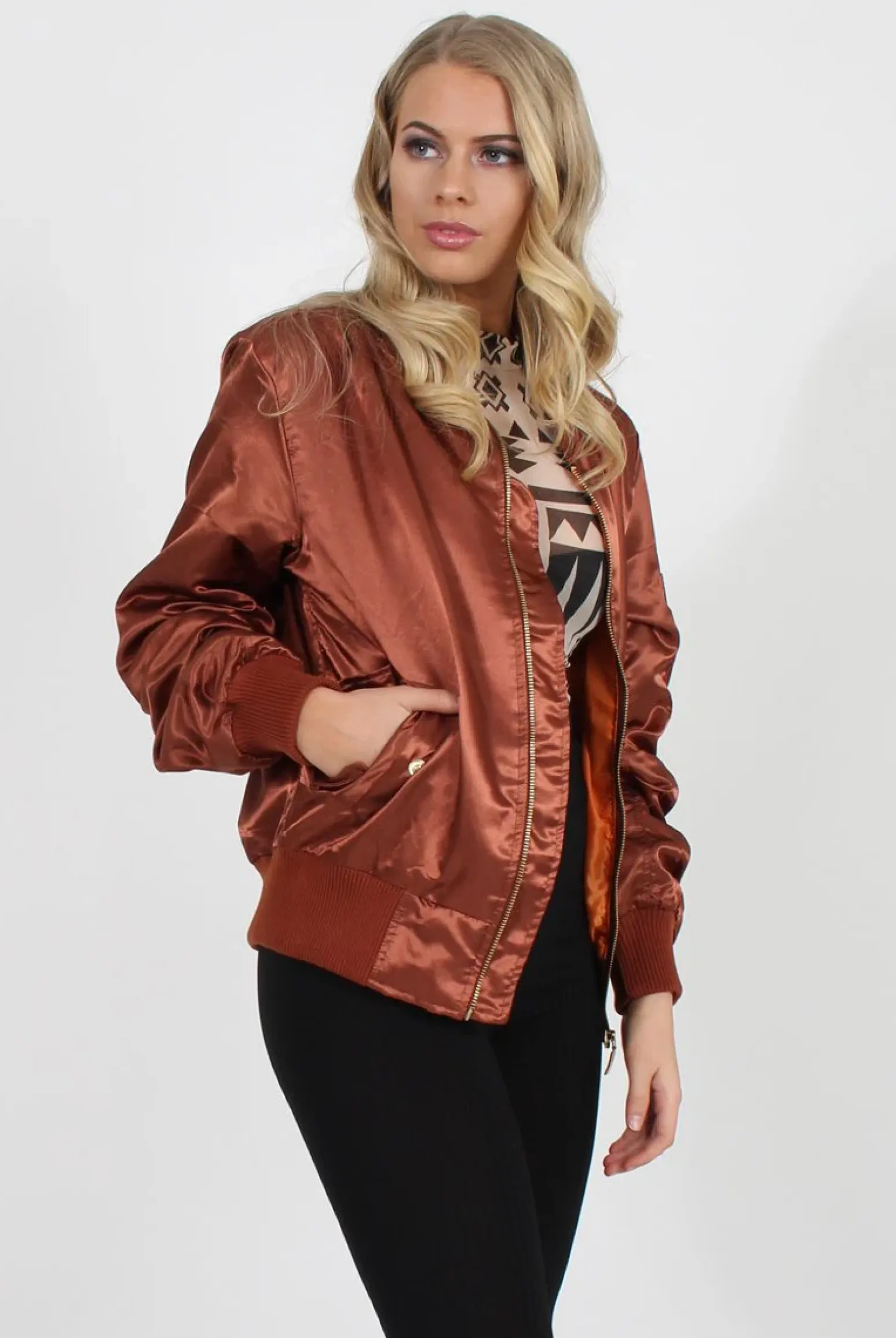 Rebellious Fashion Bronze Satin Bomber Jacket - Neve