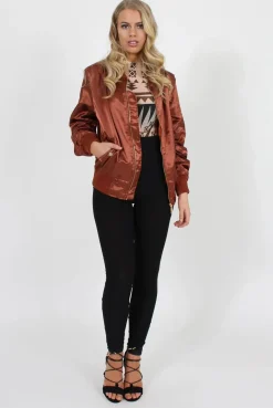 Rebellious Fashion Bronze Satin Bomber Jacket - Neve