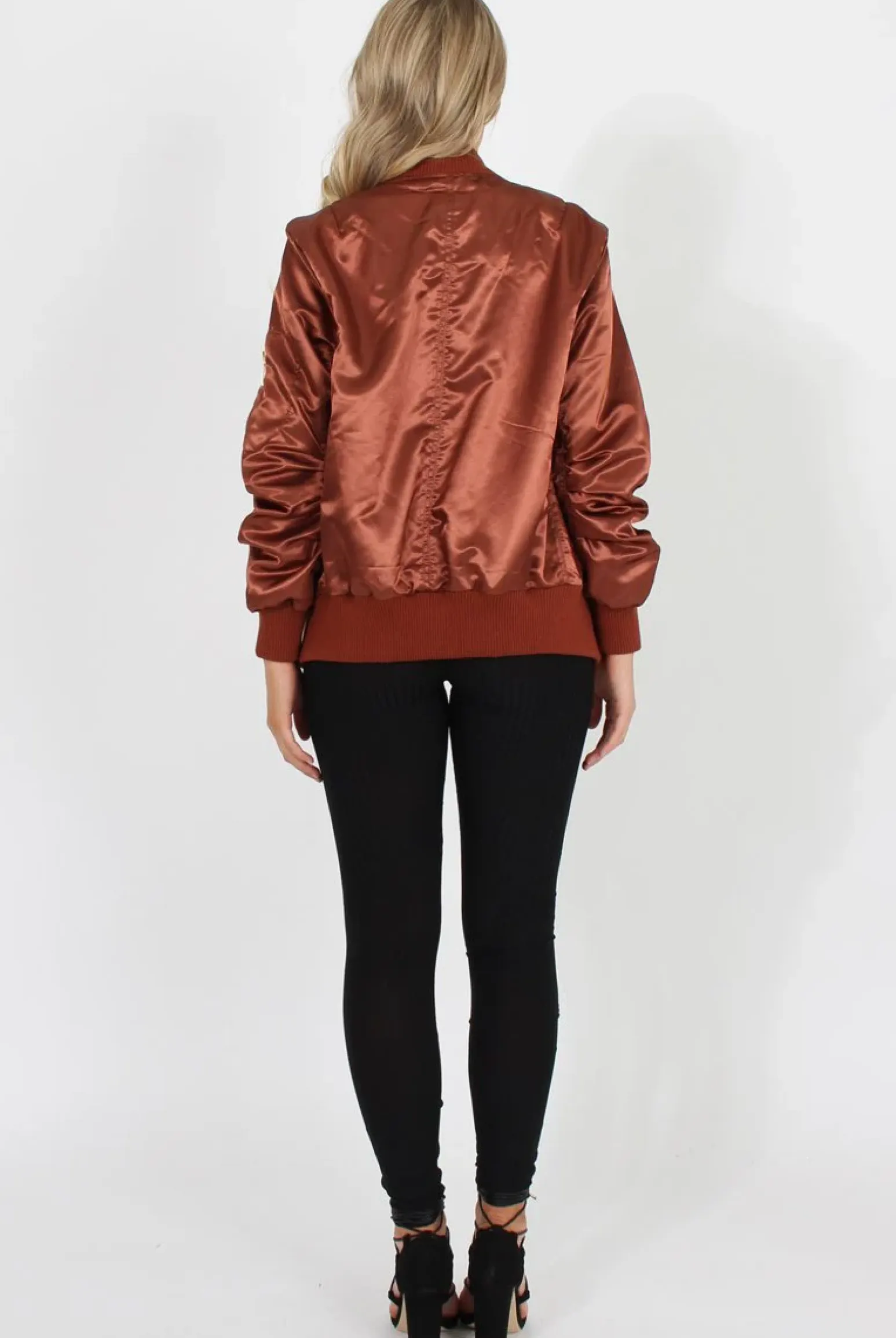 Rebellious Fashion Bronze Satin Bomber Jacket - Neve