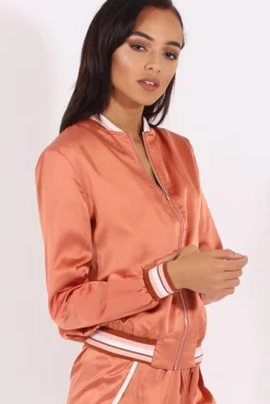 Rebellious Fashion Bronze Satin Bomber Jacket - Tricia